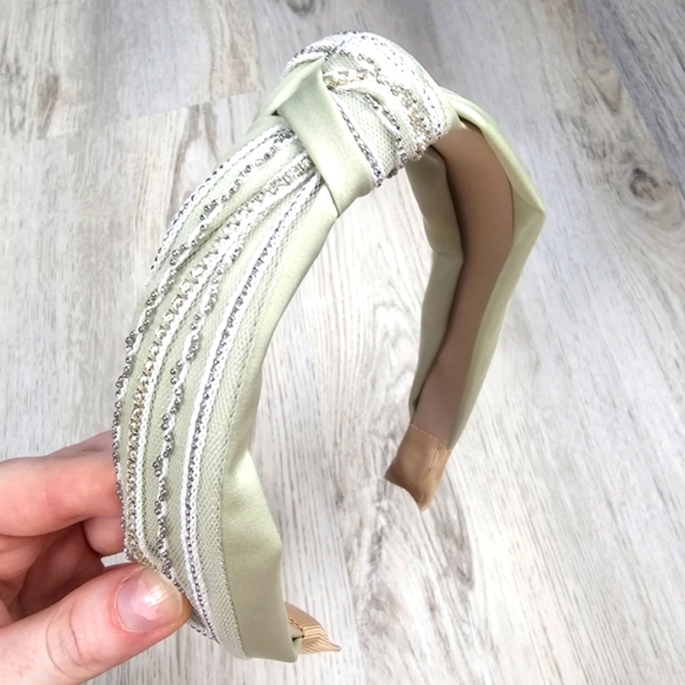 SALE Beaded Top Knot Headband Sage Green